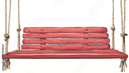 A digital illustration of a red wooden swing bench hanging from thick ropes. The swing has a simple design with horizontal wooden slats forming the seat and back. The ropes are tied with knots at