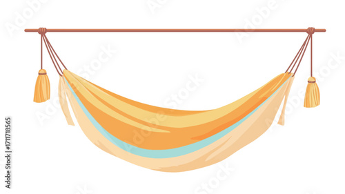 A digital illustration of a yellow hammock hanging from a light brown wooden bar against a white background. The hammock has a light yellow and cream-colored fabric with subtle color variations,