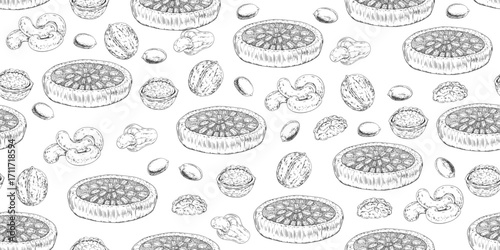 Seamless pattern with pecan pie, walnut, peanut, cashew. Black and white background with engraved illustrations of nuts