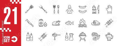 A set of 21 bbq icons featuring various grilling tools, meats, condiments, and accessories, perfect for designing menus, invitations, or promotional materials