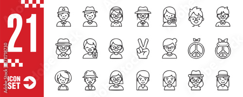 People avatar icon set collection of 21 linear icons related to diverse characters, fashion accessories, and peace symbols vector illustration