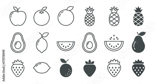 Outline drawings of various fruits including apple orange pineapple avocado strawberry and watermelon created with generated ai