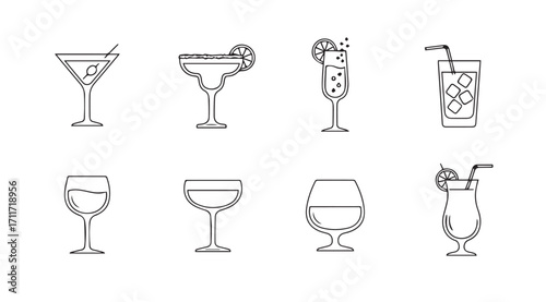 Collection of eight different cocktail glasses in a clean line art silhouette style