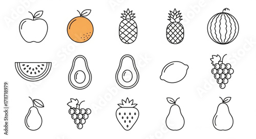 Illustration of a variety of fruits including apple orange pineapple watermelon avocado grapes lemon pear strawberry created with generated ai