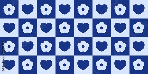 Wallpaper Mural Blue flower and heart checkerboard pattern background. Cute retro grid with floral and heart shapes on blue chessboard. Seamless blue aesthetic checkered pattern.  Torontodigital.ca