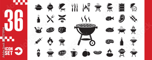 Set of barbecue and grilling icons, , showcasing various grills, tools, and food items in a clean and simple style, ideal for summer cookout designs and culinary projects