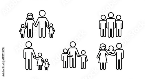 Collection of family and group stick figure icons showing various family arrangements and social interactions created with generated ai