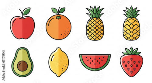 Illustration showcasing a variety of colorful fruits including apple orange pineapple and more in a row created with generated ai