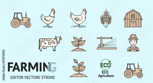Illustration of farming elements including tractor, chicken, cow, wheat, barn, plant, irrigation and farmer created with generated ai