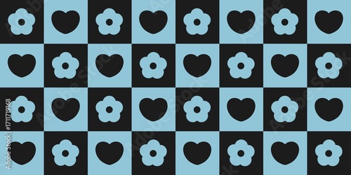 Wallpaper Mural Blue flower and black heart checkerboard pattern background. Cute retro grid with floral and heart shapes on black blue chessboard. Seamless blue and black aesthetic checkered pattern.  Torontodigital.ca