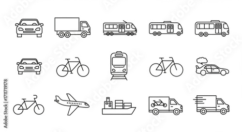 Outline icons depicting various modes of transportation including cars, trucks, trains, planes, and bicycles created with generated ai
