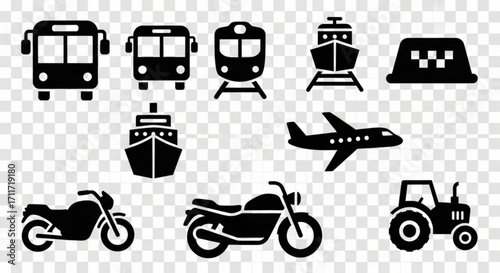 Illustration showing various modes of transportation in silhouette including bus train airplane and motorcycles created with generated ai