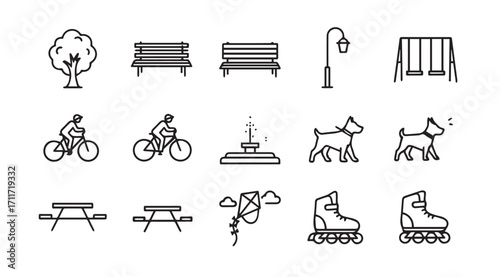 Collection of park icons including trees benches bicycles and roller skates silhouette