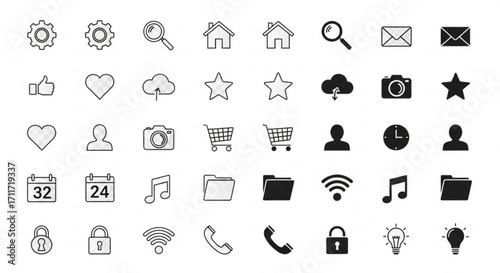 Collection of assorted line icons including settings home search and various interface elements design created with generated ai