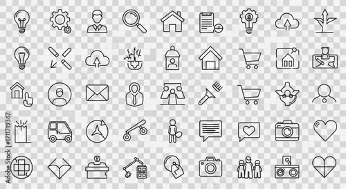 Collection of various outline icons including business, home, and technology elements in a grid layout created with generated ai