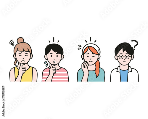 Simple vector illustration set of four troubled young women