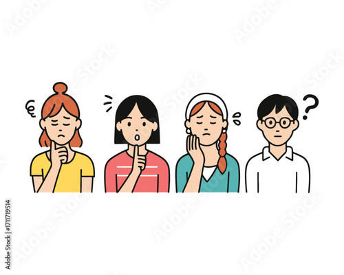 Simple vector illustration set of four troubled young women
