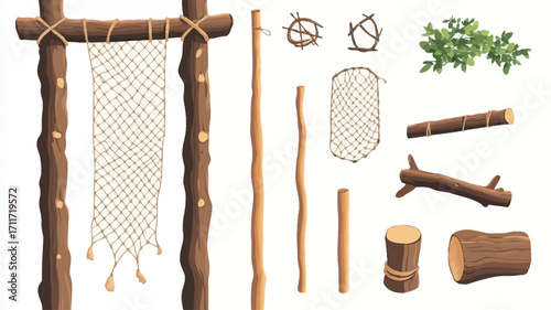 The image shows a digital illustration of various wooden sticks, branches, and nets on a white background. The elements are presented individually and collectively, featuring different sizes