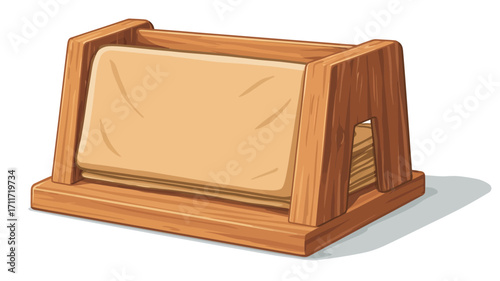 A digital illustration depicting a wooden coaster holder. The holder is light brown and made of wood, with a simple, rectangular design. It appears to hold several beige coasters or napkins. 