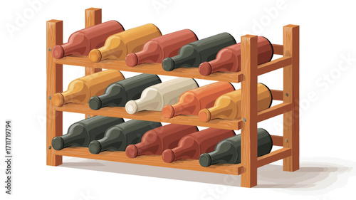 Isometric illustration of a simple wooden wine rack holding multiple wine bottles of varying colors. The bottles are depicted in a stylized, slightly cartoonish manner with varied shades of red,