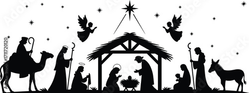 Christmas Nativity Scene Silhouette with Holy Family, Baby Jesus, Angels, Shepherds, Wise Men and Animals, Religious Christian Illustration, Birth of Jesus Vector Art