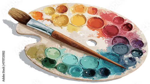 High-angle, close-up shot of a round artist's palette with assorted watercolor paints in various colors.  The paints are arranged in small, circular wells across the palette. A wooden-handled
