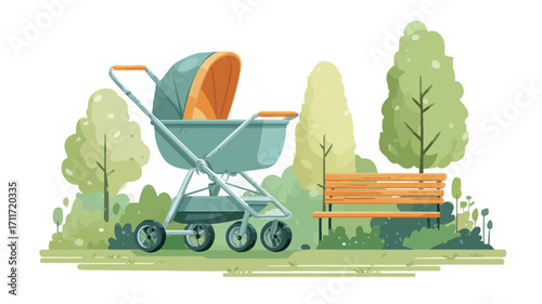 A vector illustration depicting a baby stroller situated in a park setting. The stroller is light grey and orange, with four wheels.  It is positioned near a simple wooden bench and amidst stylized