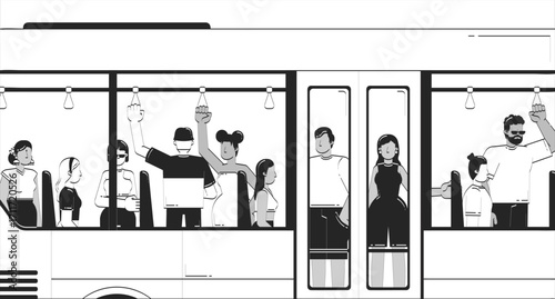 Crowded bus with diverse faceless passengers doodle lineart illustration. Public transport and daily urban commuting 2D line ink characters on white background. Monochrome vector outline hand-drawn