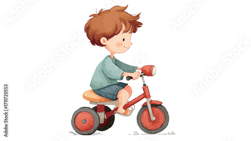Digital illustration of a young boy with short brown hair riding a red tricycle. The boy is depicted from the side, smiling and looking to his right. He is wearing a light teal long-sleeved shirt