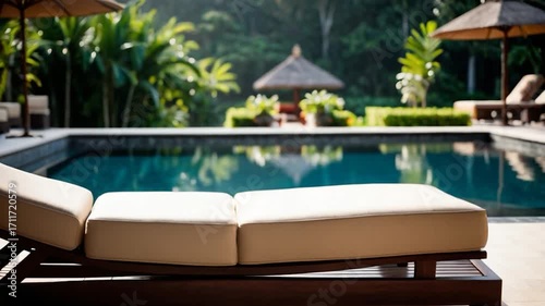 A lounge chair situated beside a swimming pool, ideal for relaxation and sunbathing