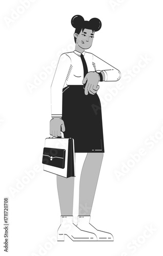 Corporate black woman wristwatch checking with briefcase doodle linear character. African american office lady punctual 2D vector outline person isolated. Hand drawn drawing illustration monochrome