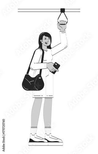 Indian woman holding grab handle and smartphone on public transport doodle linear character. Modern commuter hanging strap 2D vector outline person isolated. Hand drawn drawing illustration monochrome
