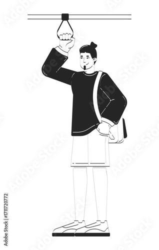 Casual man standing and holding hanging strap on train doodle linear character. Transport passenger with goatee beard 2D vector outline person isolated. Hand drawn drawing illustration monochrome