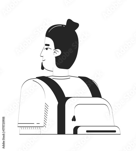 European traveler man with backpack from behind doodle linear character. Modern travel, student life. Everyday commuting 2D vector outline person isolated. Hand drawn drawing illustration monochrome
