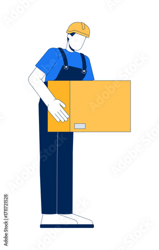 Faceless warehouse worker carrying cardboard box 2D cartoon character. Manual lifting. Packaging employee in overalls and hard hat flat vector person isolated on white. Spot illustration colorful