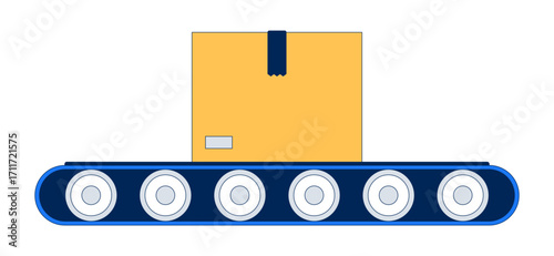 Cardboard box on industrial conveyor belt 2D cartoon object. Automated packaging. Warehouse logistics. Mechanical handling system isolated element flat vector clip art on white. Spot illustration