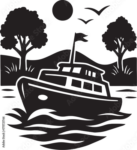 PrintSilhouette of a boat sailing on choppy water with trees and birds