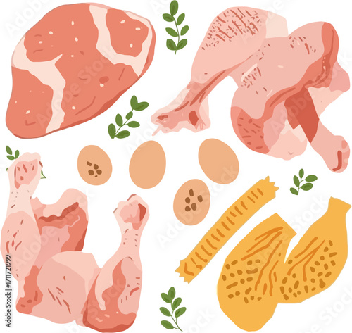 Raw animal products like meat, chicken, and eggs suitable for food blogs, restaurant menus, farm advertisements, and cooking websites.