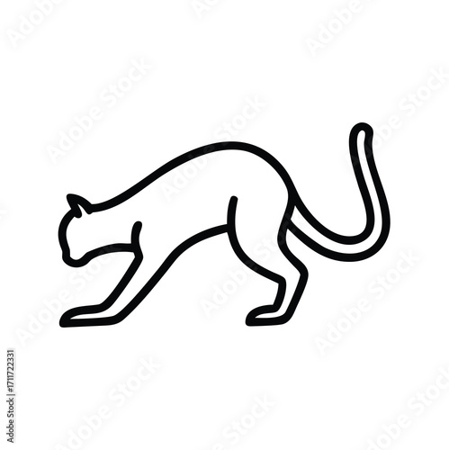 Black outline icon of a cat arching and stretching sideways