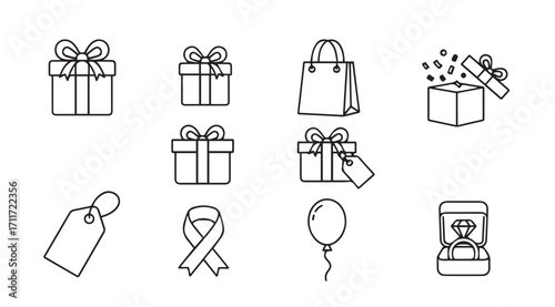 Collection of hand drawn gift boxes shopping bags and celebration icons silhouette