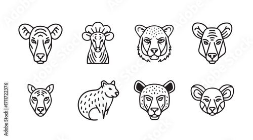 Collection of african wildlife animal head silhouettes in outline style