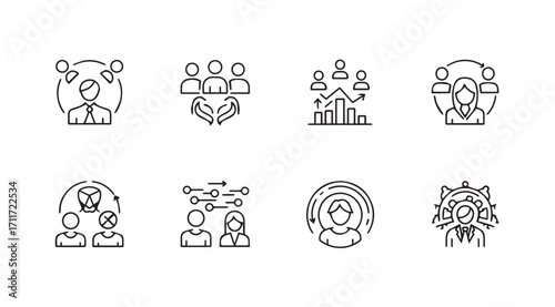 Collection of business and teamwork icons in a distinctive silhouette style
