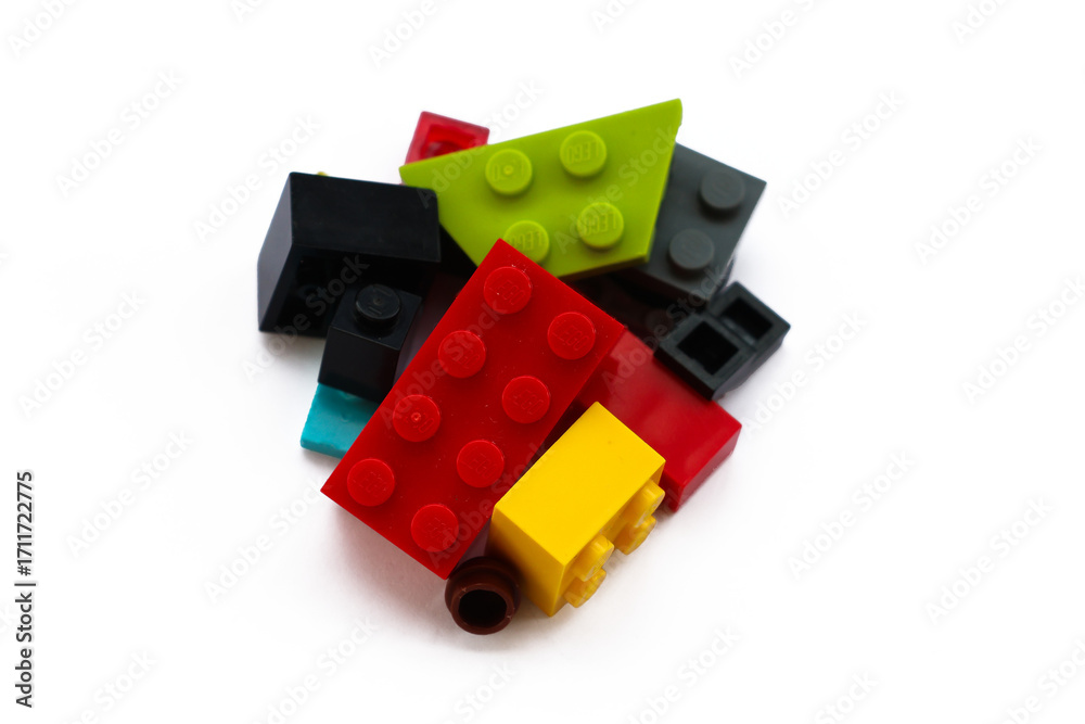 Fototapeta premium Colorful Lego bricks. Colorful plastic building blocks isolated on white or transparent background.