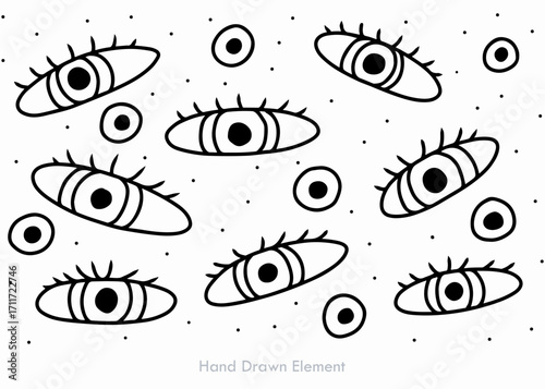 A repeating pattern of stylized, outlined eyes with lashes and pupils, interspersed with simple circular shapes and scattered dots on a white background.