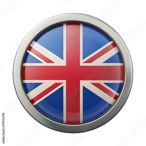 United kingdom flag button isolated on transparent background with a metallic border
