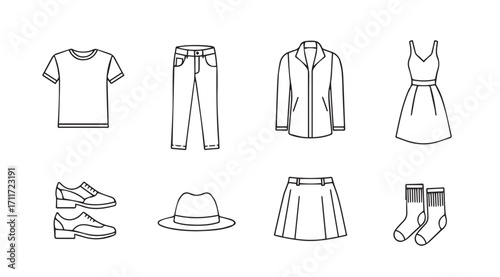 Collection of clothing and accessory outlines in a minimalist silhouette style