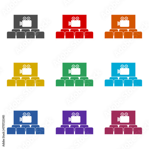 Movie theater cinema screen and seats icon isolated on white background. Set icons colorful