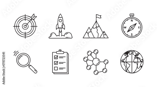 Collection of business and strategy icons in a simple line art silhouette style