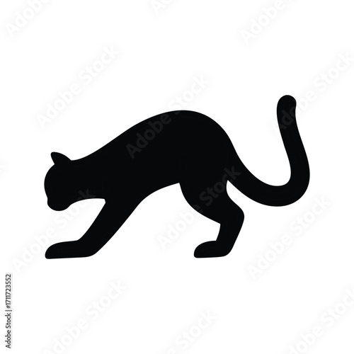 Black silhouette  icon of a cat arching and stretching sideways 
