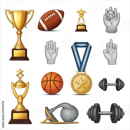 Collection of sports trophies, medals, and equipment for athletic achievement and fitness